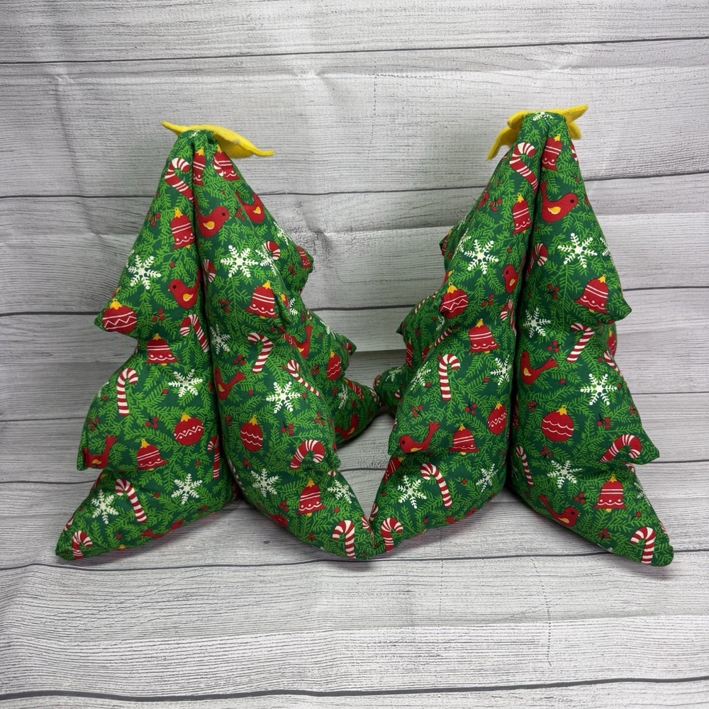 2 Vintage Plush Christmas Tree Fabric Stuffed 1970's Handmade 3D Sewn